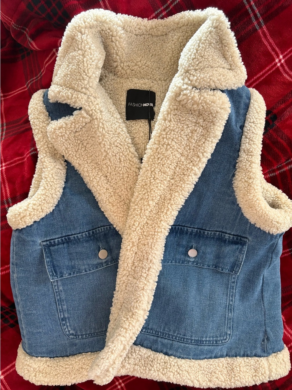 FASHION NOVA NWT Sherpa Denim Vest Medium Oversized Heavyweight 🎥